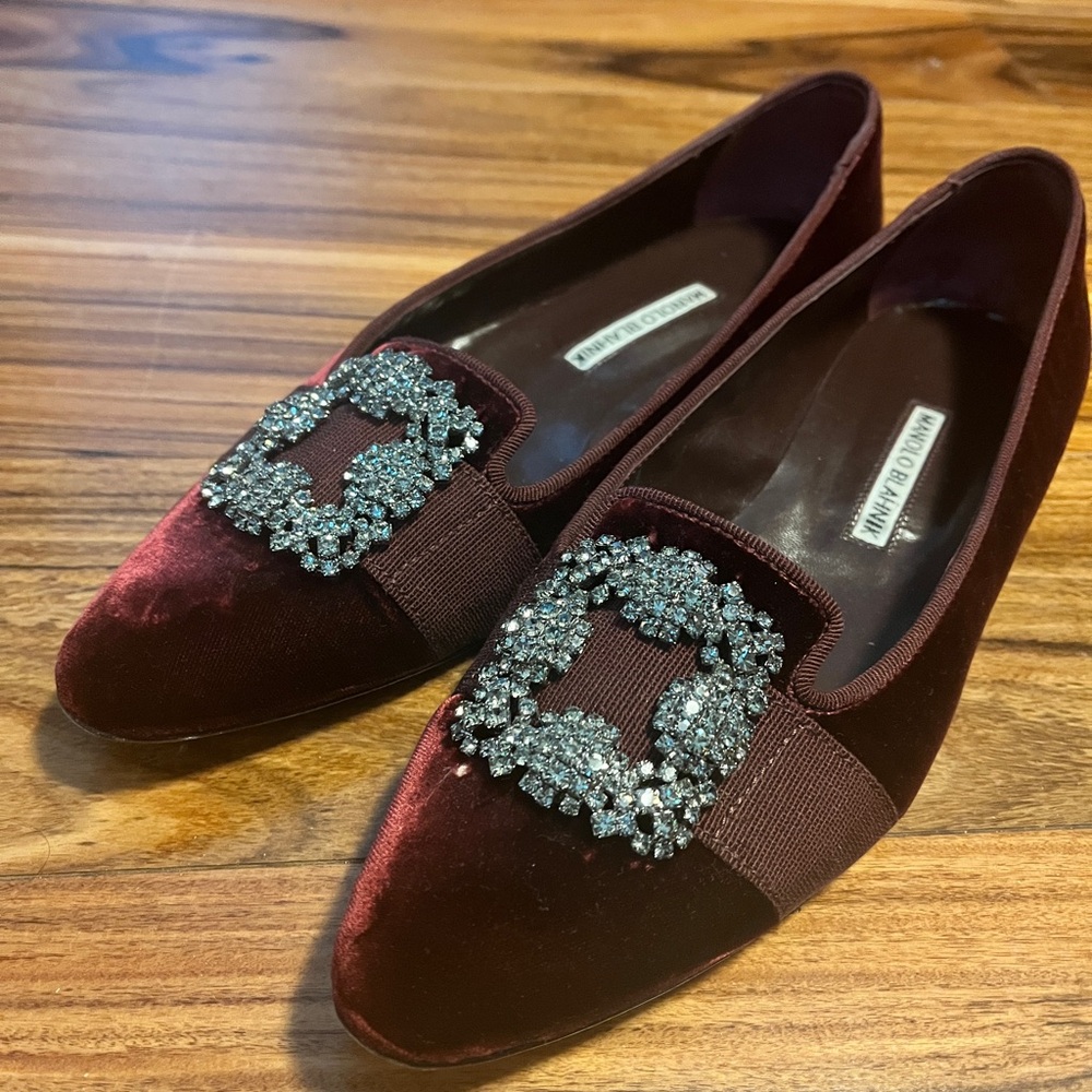 Authentic Manolo Blahnik Burgundy Velvet Flats with Crystal Embellishments